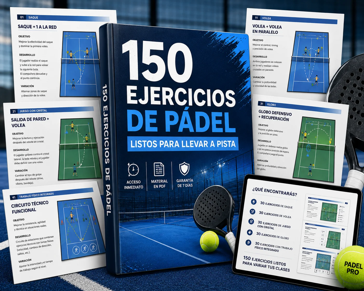 Mockup del material 150 Ejercicios de Pádel con fichas internas